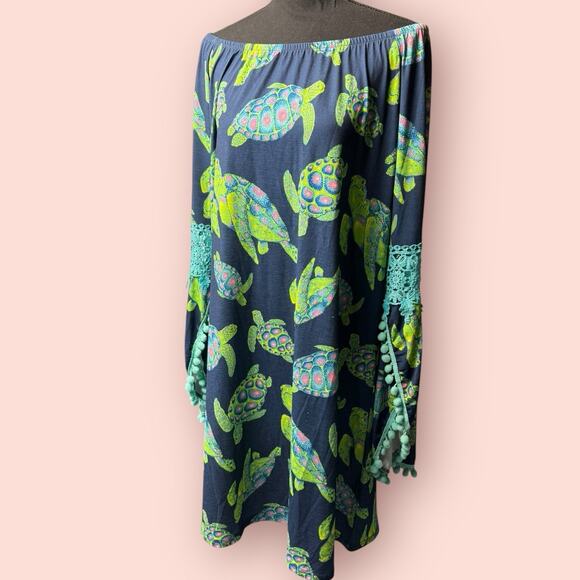 Simply Southern Knit Dress Womens Navy Blue Pink Turtles Medium Long Bell Sleeve - Picture 1 of 5